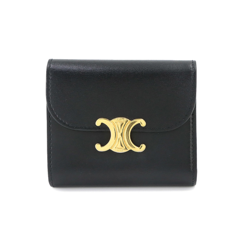 Celine Triomphe Compact Wallet, Tri-fold Leather, Black, 10D783DPV, Gold Hard...